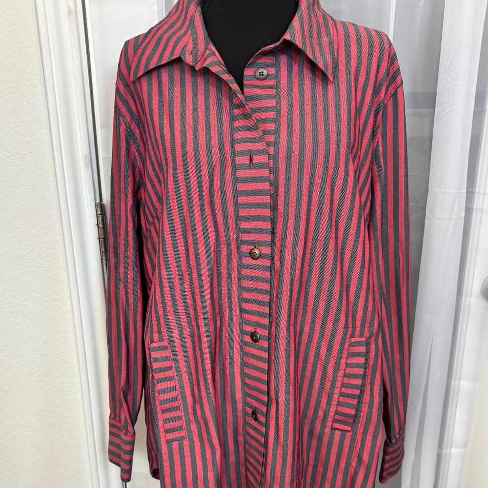 Cabi Regatta Shacket with red & blue/gray stripes